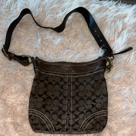 Brown Coach material bag 10”x10” with heavy brass colored hardware - Picture 4 of 7